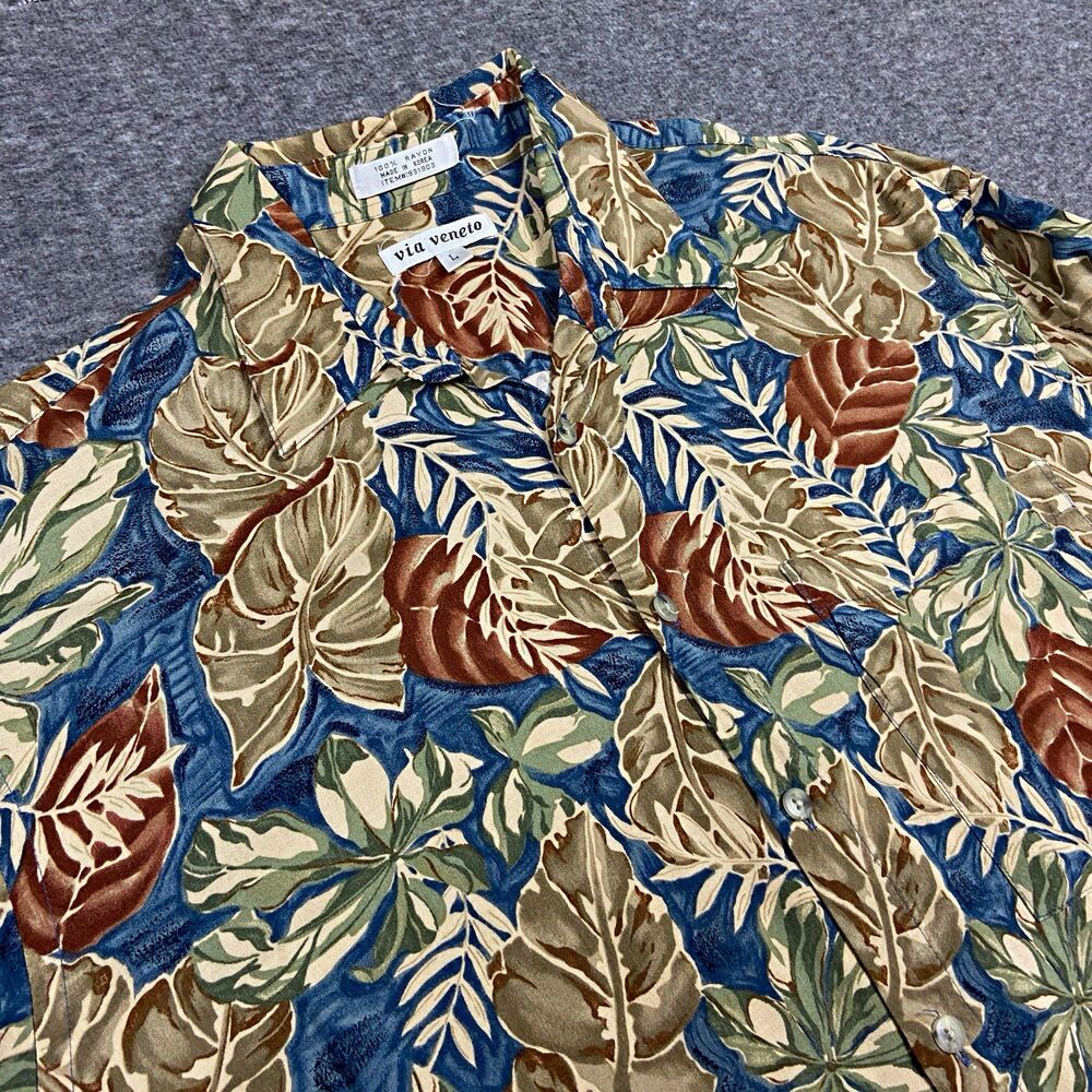Vintage Via Veneto Mens L Hawaiian Tropical Floral Short Sleeve Button Pockets